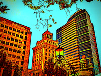 clock tower over pioneer plaza